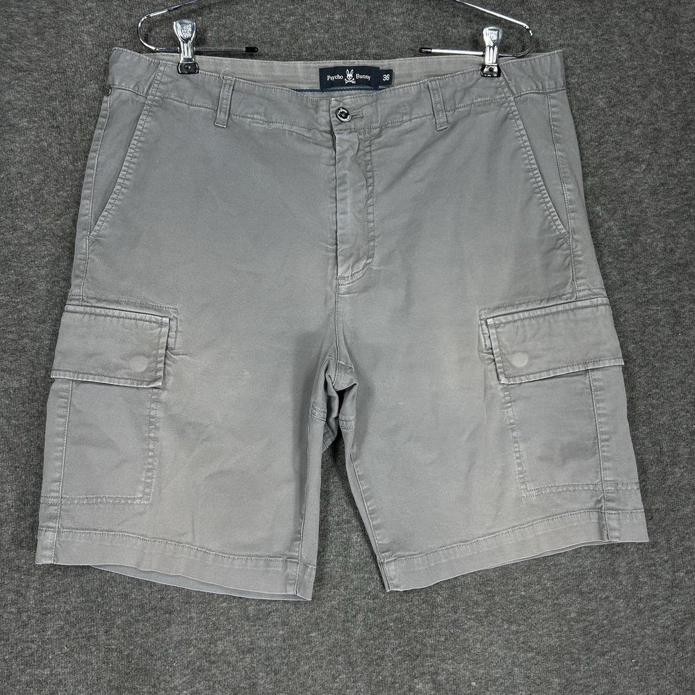 Psycho Bunny Cargo Shorts Mens 36 Gray Pockets 10" Inseam Faded Distressed